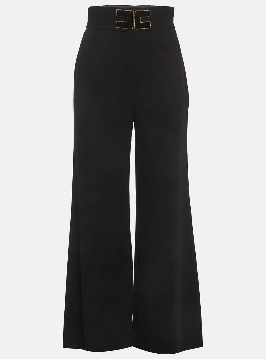 Elisabetta Franchi Black Logo Detail Crepe Wide Leg Pants M