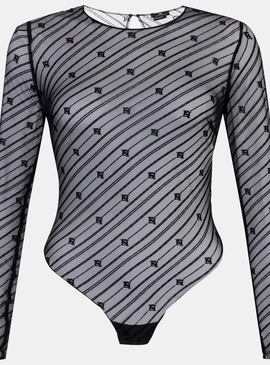 Elisabetta Franchi Black Flocked Monogram Mesh Bodysuit Top S