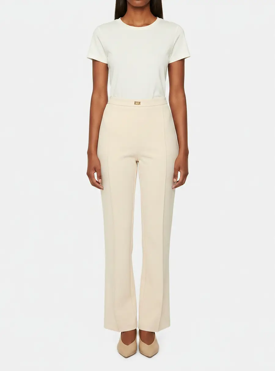 Elisabetta Franchi Beige Stretch Crepe Wide Leg Trousers L