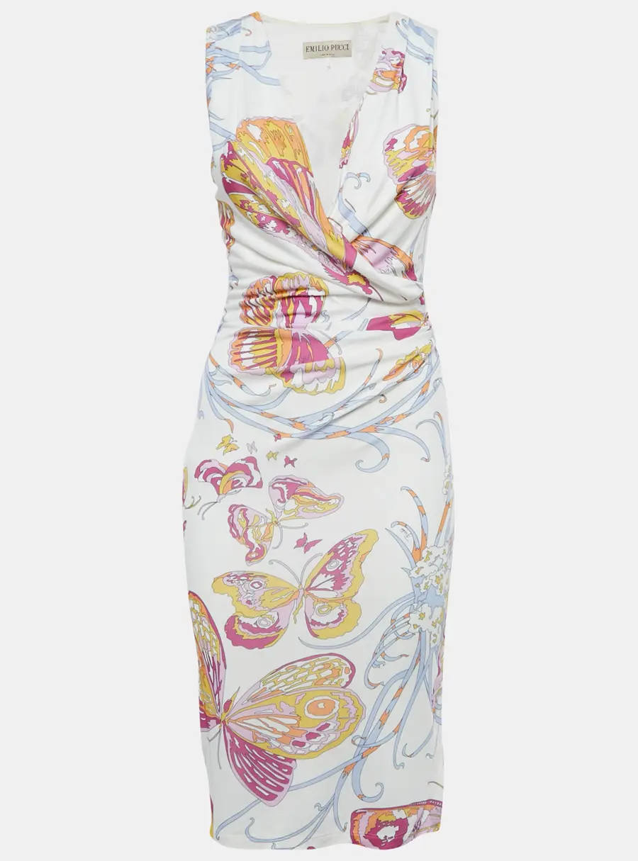Emilio Pucci White Printed Jersey Draped Sleeveless Midi Dress S
