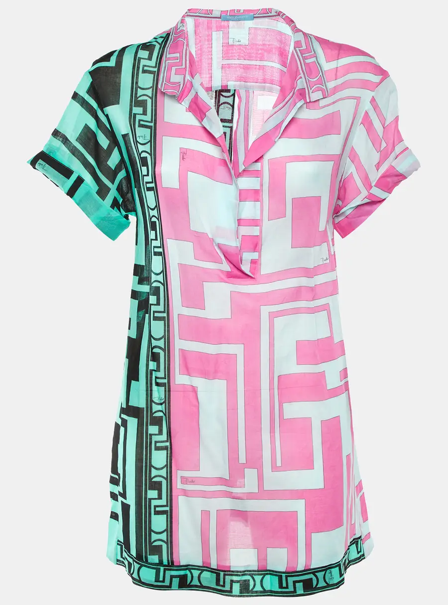 Emilio Pucci Pink/Green Geometric Print Cotton Sheer Top S