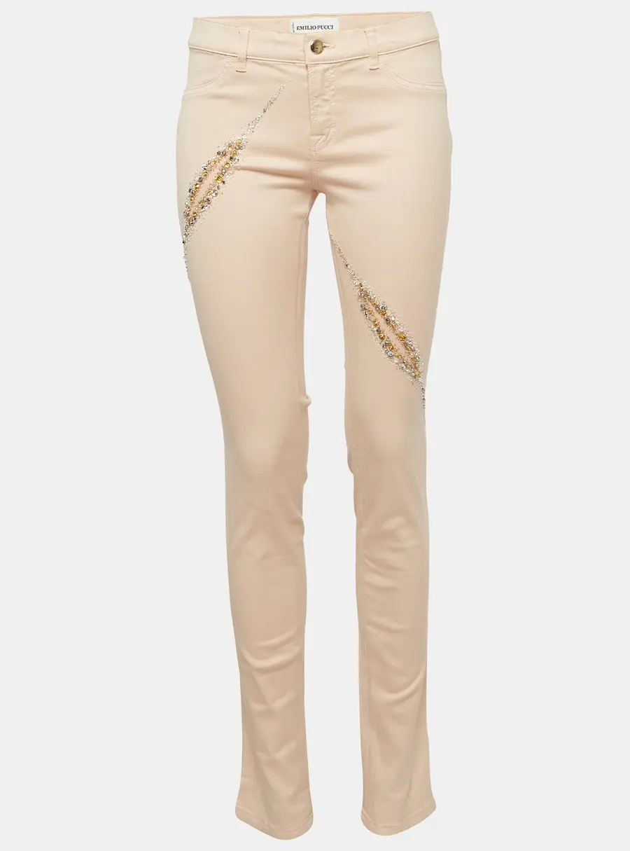Emilio Pucci Light Peach Cotton Embroidered Fitted Jeans M/Waist 29"