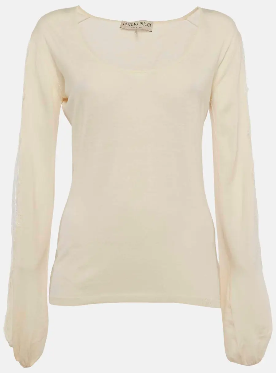 Emilio Pucci Cream Knit and Lace Detail Top L