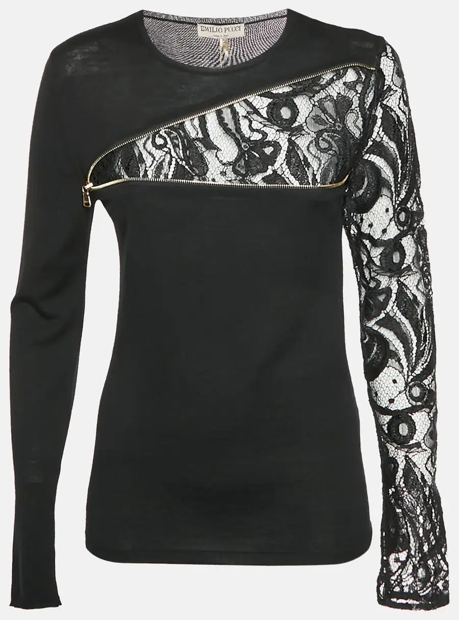 Emilio Pucci Black Lace and Wool Knit Asymmetric Zipped Top L