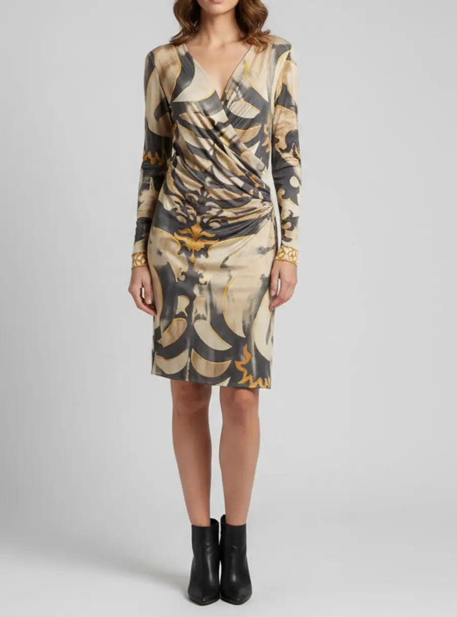 Emilio Pucci Beige Abstract Print Jersey Silk Wrap Mini Dress M