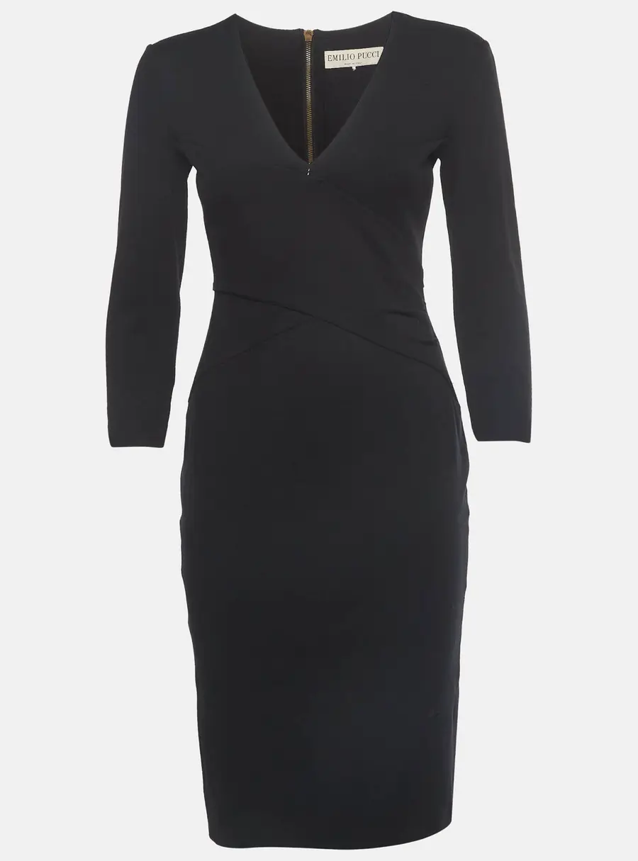 Emilio Pucci Black Knit V-Neck Knee Length Dress S