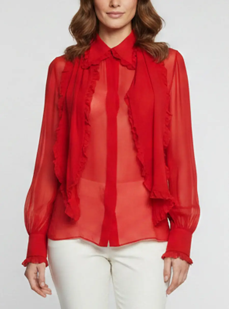 Emilio Pucci Red Crepe Ruffle Detail Sheer Top M