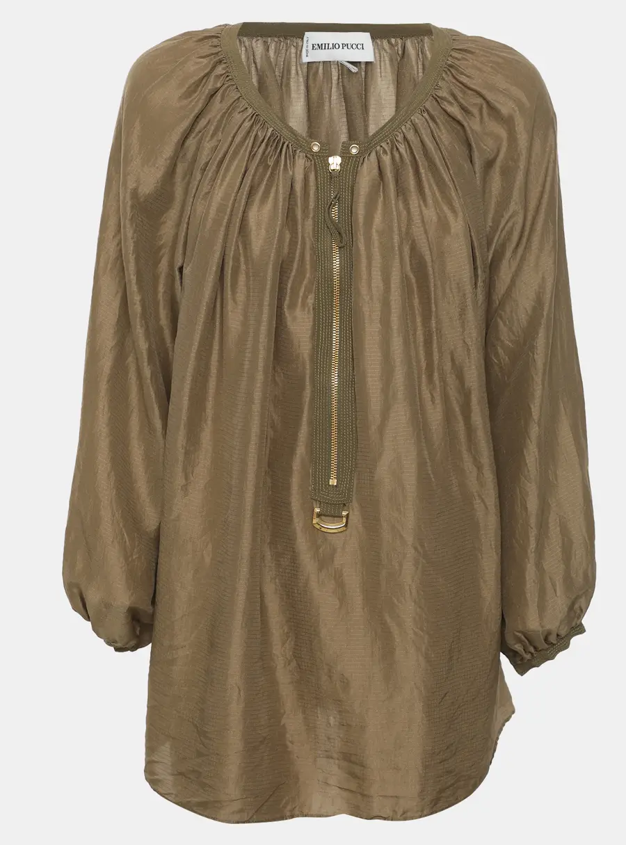 Emilio Pucci Green Micro Plaid Patterned Silk Blouse M