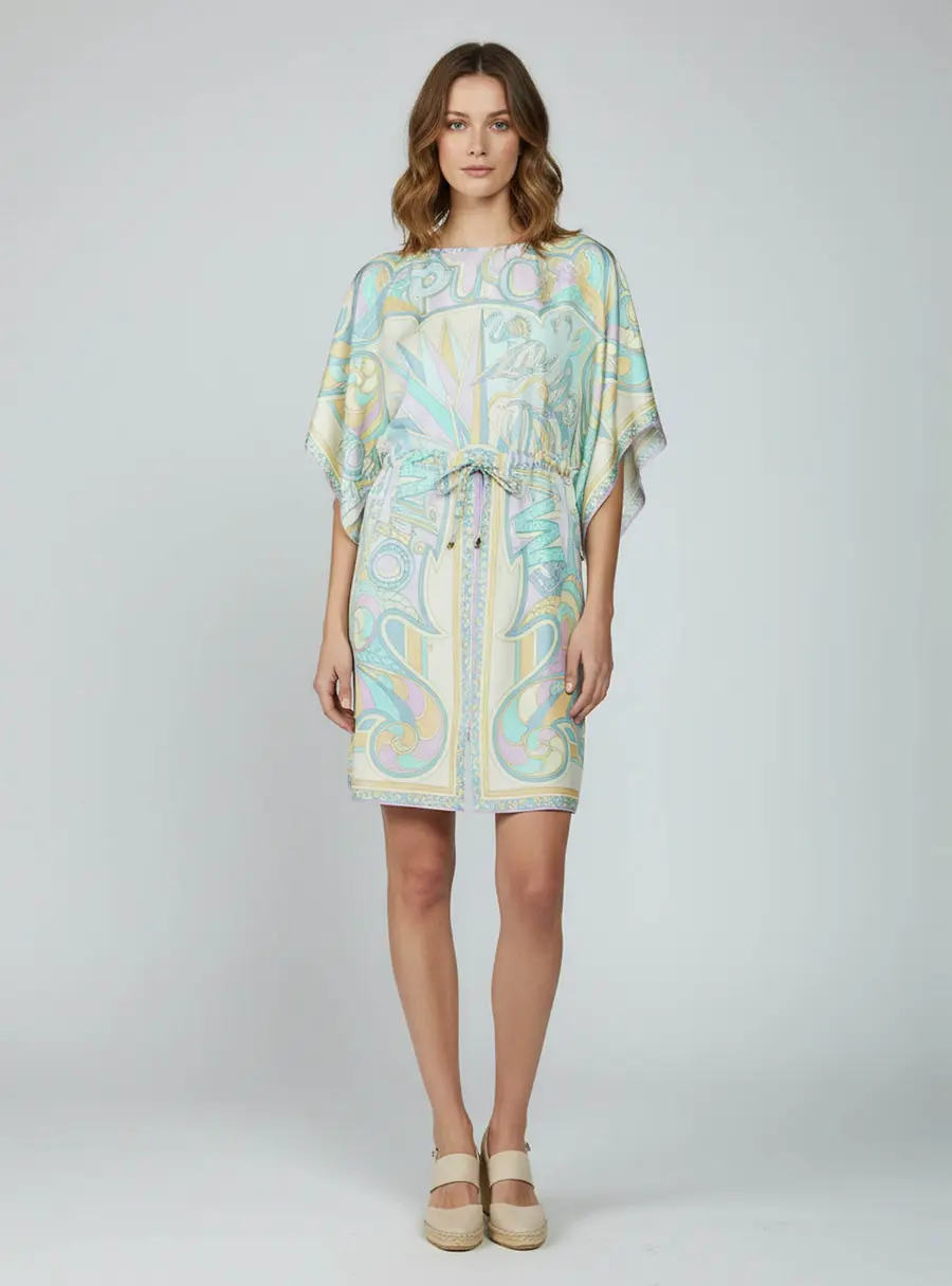 Emilio Pucci Pastel Multicolor Miami Print Silk Kaftan Tunic Dress S
