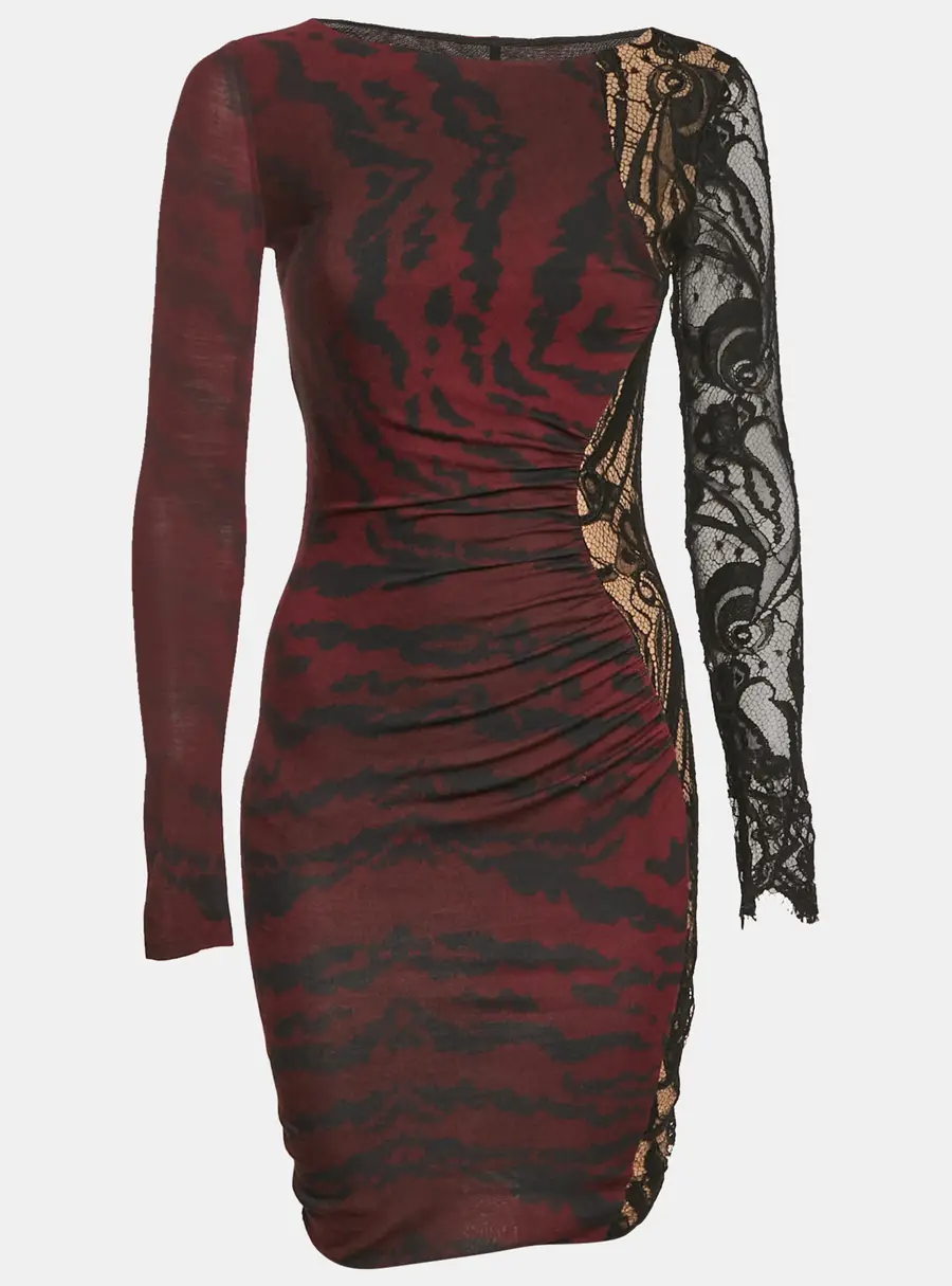 Emilio Pucci Burgundy Printed Jersey and Lace Trim Mini Dress S