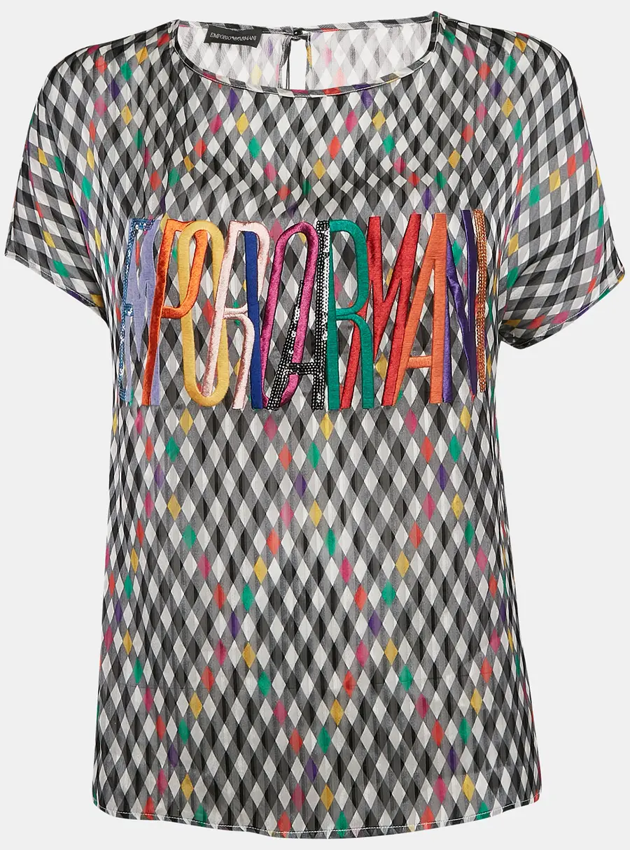 Emporio Armani Multicolor Checked and Logo Embroidery Silk Top S