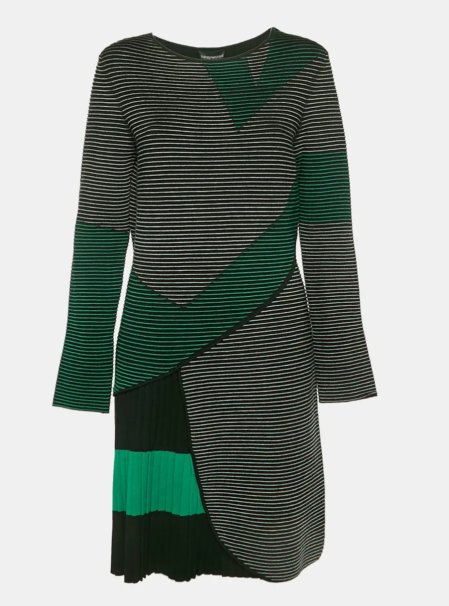 Emporio Armani Green Stretch Knit Pleated Short Dress M