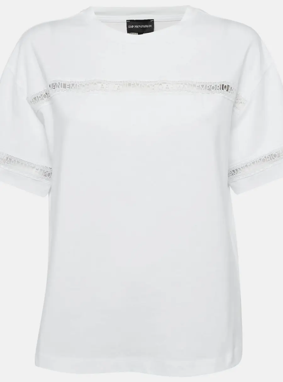 Emporio Armani White Cotton Logo Lace Trimmed T-Shirt M