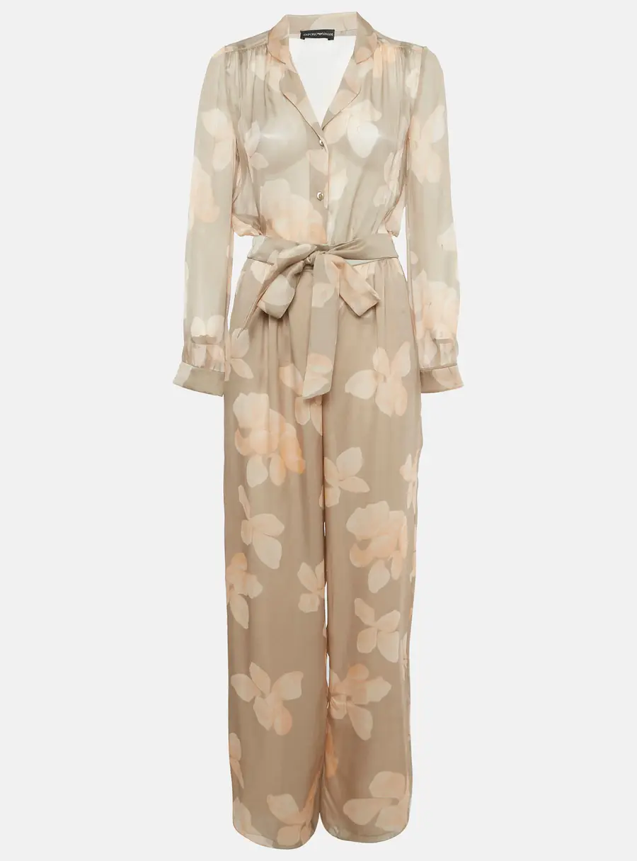Emporio Armani Beige Floral Printed Silk Belted Jumpsuit S