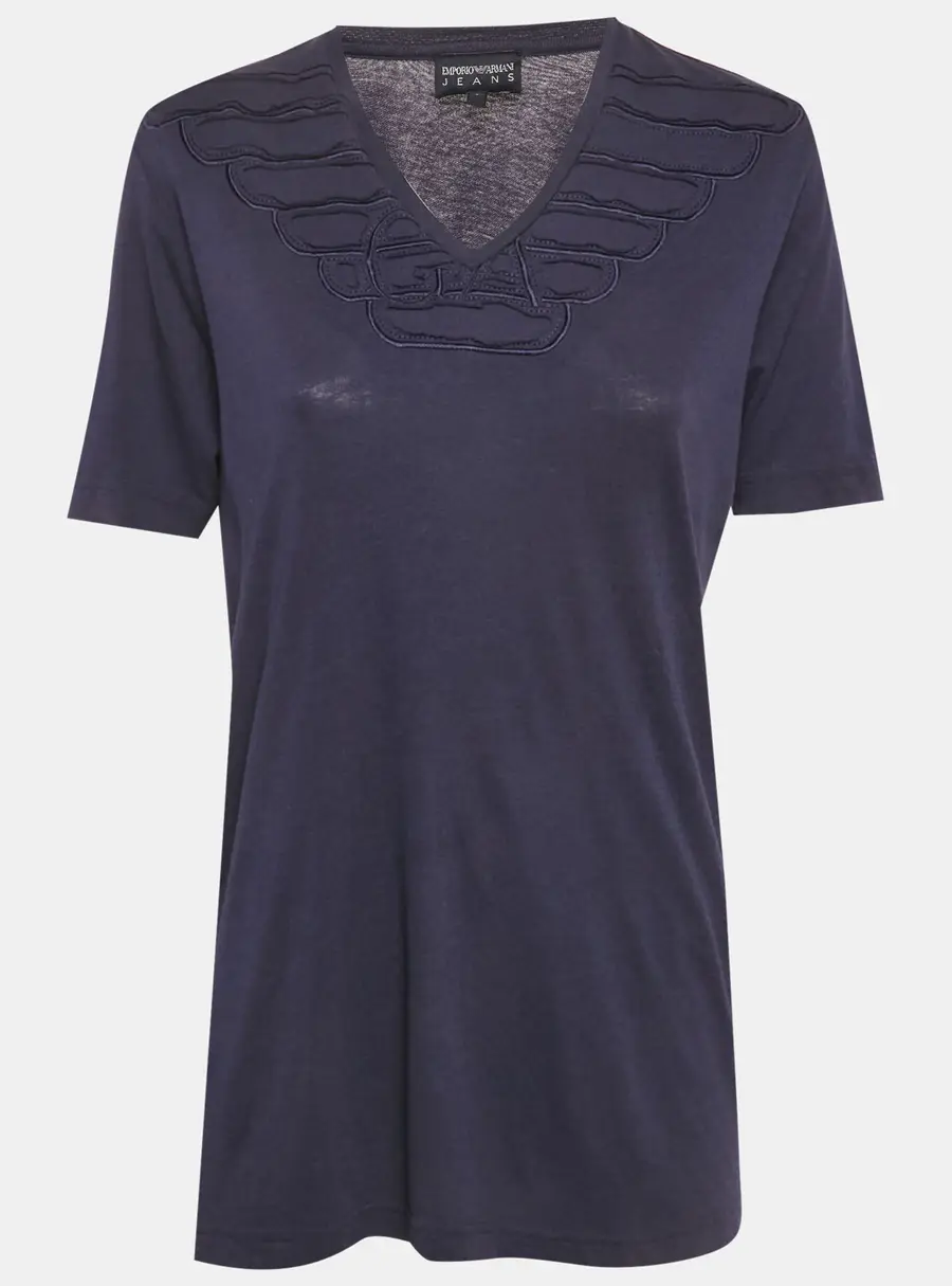 Emporio Armani Jeans Blue Jersey Ruffled V-Neck T-Shirt L