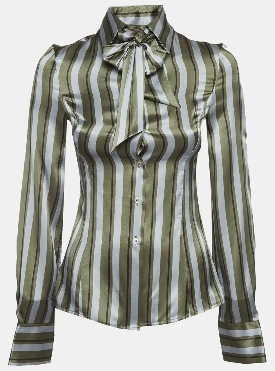 Emporio Armani Green/Grey Striped Silk Detachable Bow Detail Shirt S