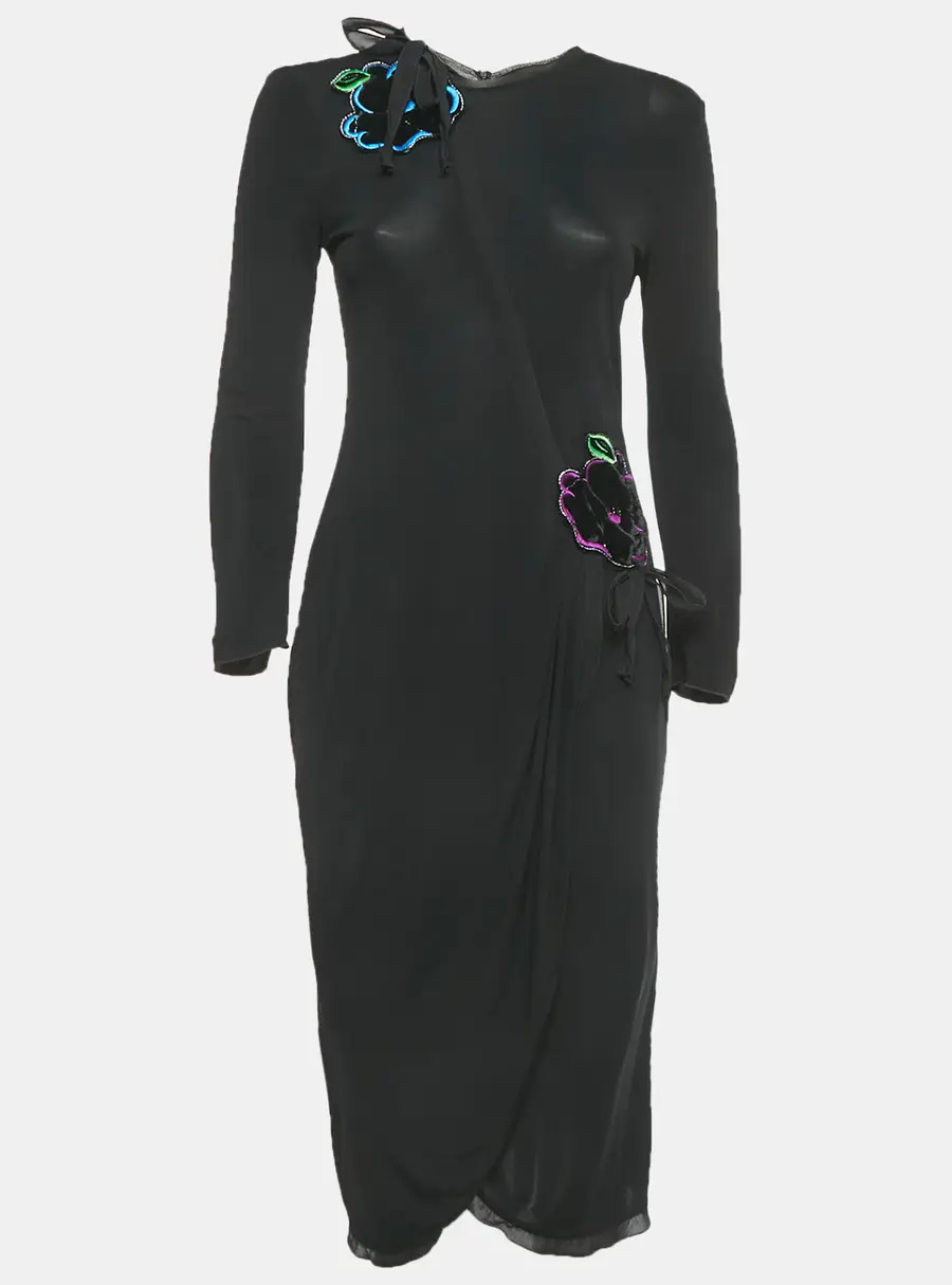 Emporio Armani Black Floral Patch Jersey Midi Dress M