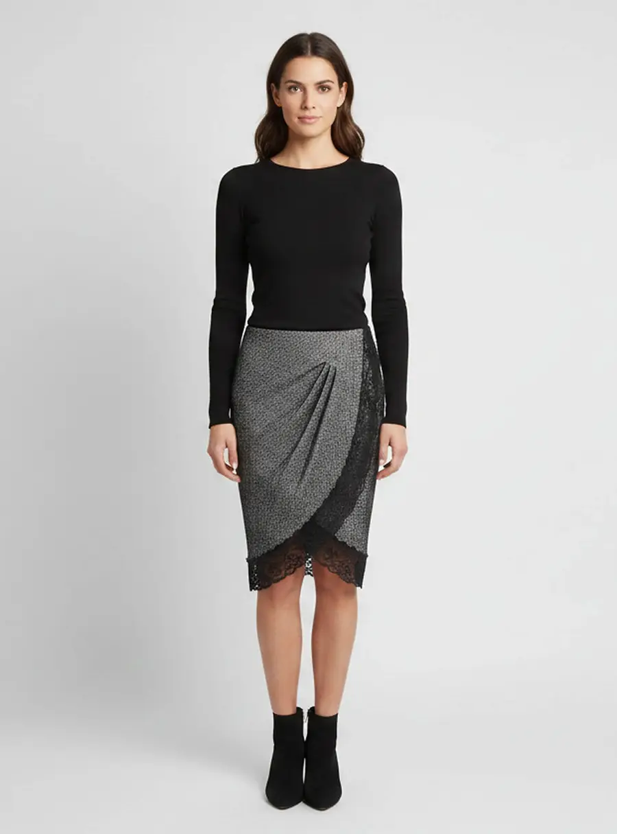 Emporio Armani Black Herringbone Jersey Lace Trim Draped Dress M