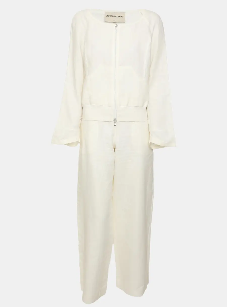 Emporio Armani Light Beige Linen Zip-Up Jacket & Wide-Leg Pants Set S/M