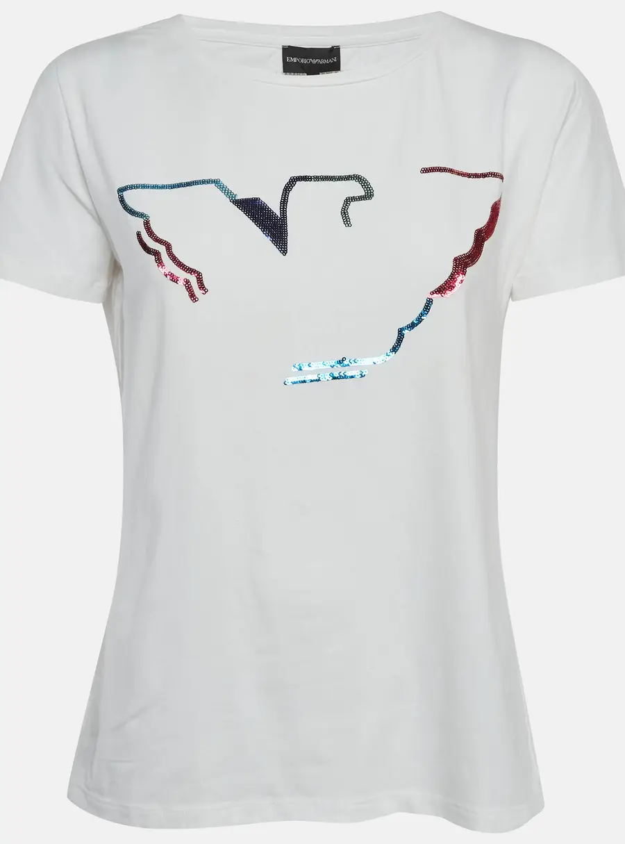 Emporio Armani White Logo Sequin Jersey T-Shirt M