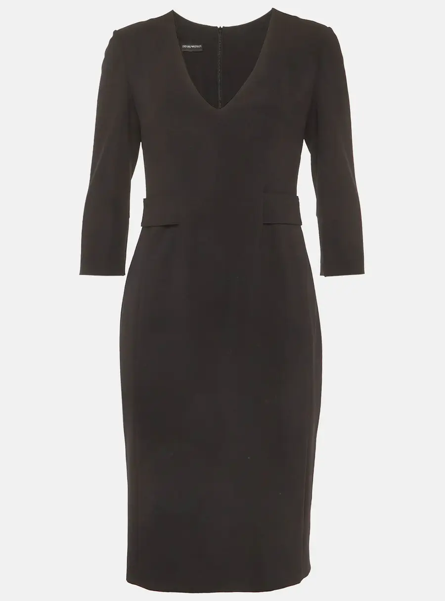 Emporio Armani Black Stretch Crepe V Neck Sheath Midi Dress M