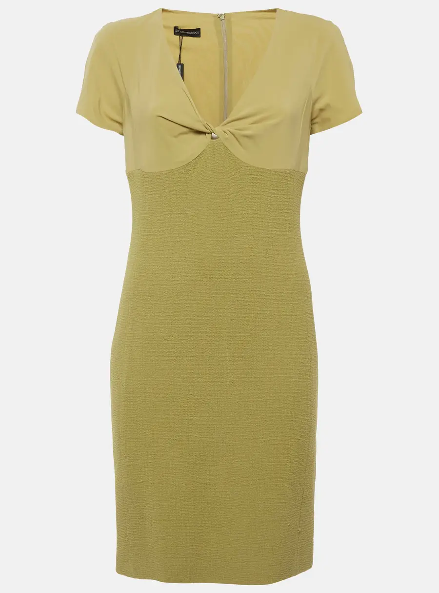 Emporio Armani Green Chiffon and Textured Knit Plunge Neck Mini Dress M