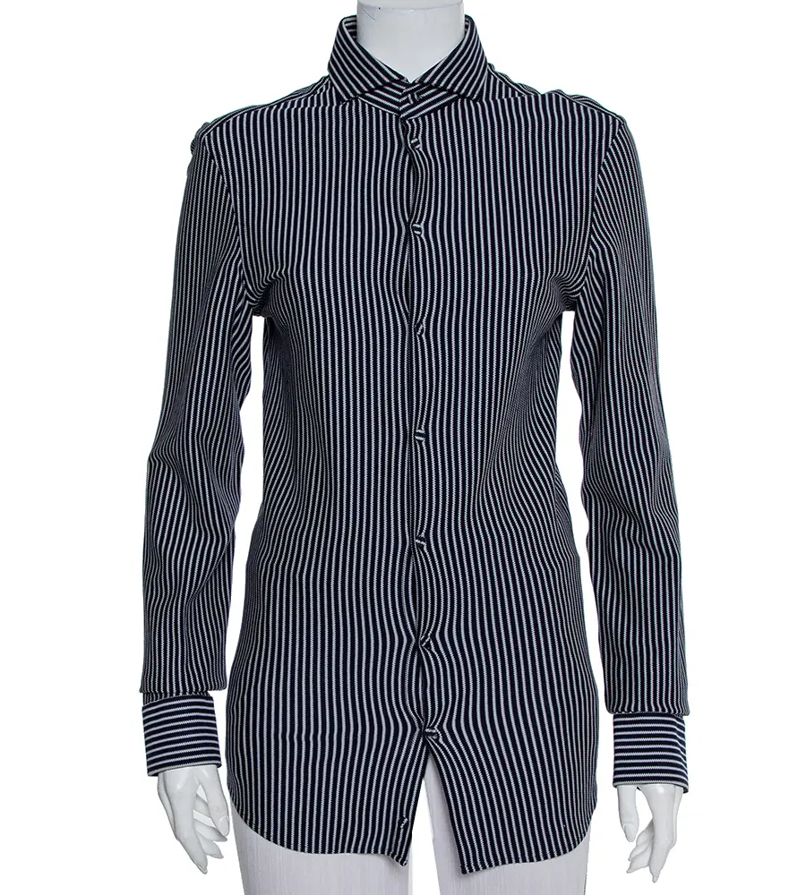 Emporio Armani Navy Blue Striped Cotton Knit Button Front Shirt S