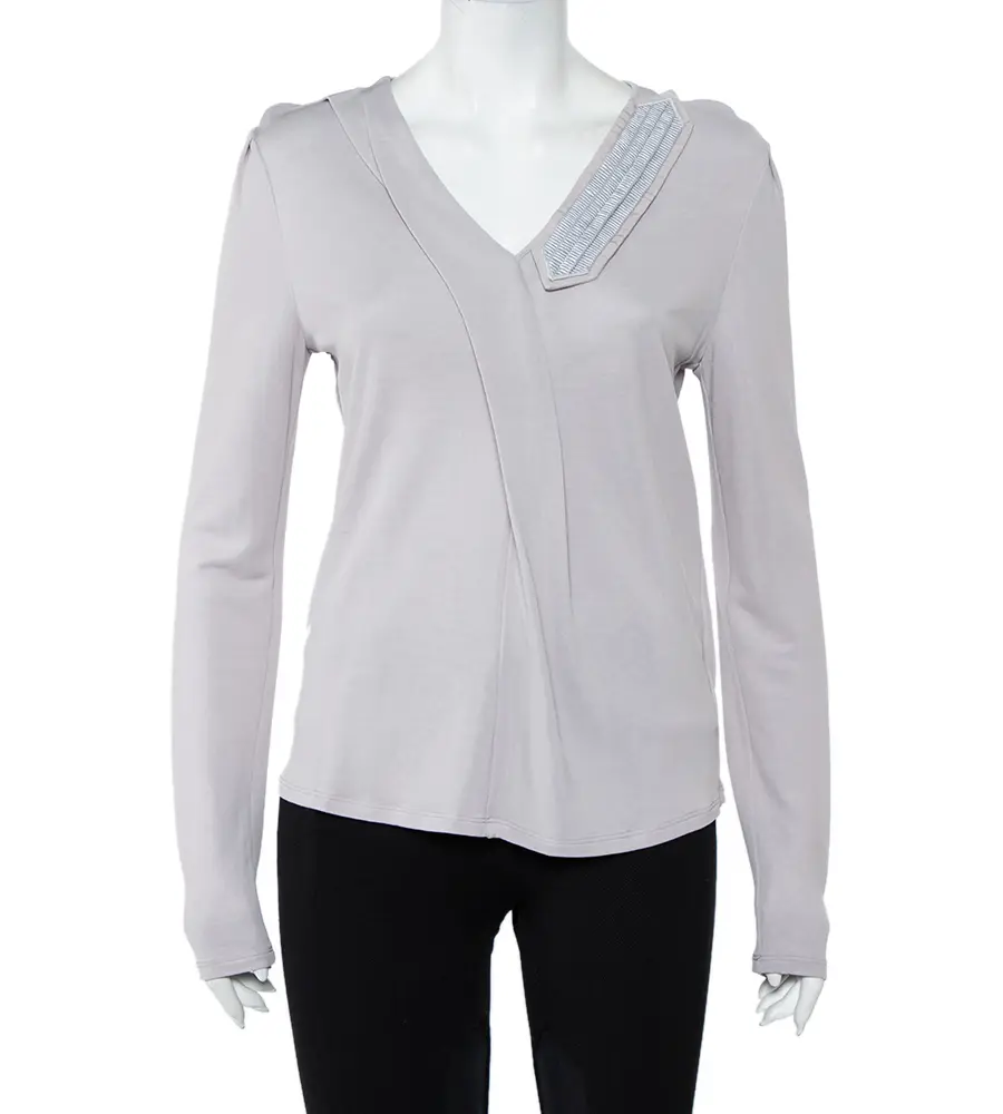 Emporio Armani Grey Knit Draped Detail Long Sleeve Top L