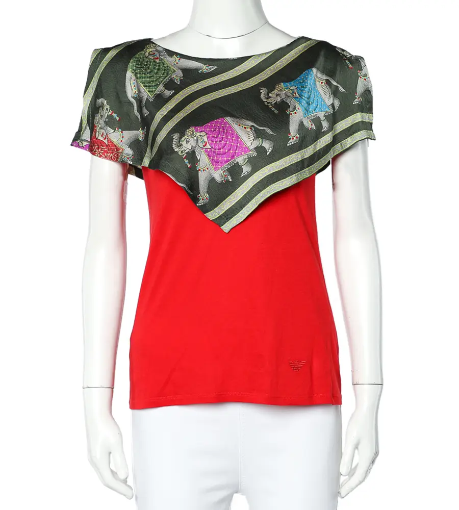 Emporio Armani Red Jersey Playful Elephant Print Silk Paneled Top S