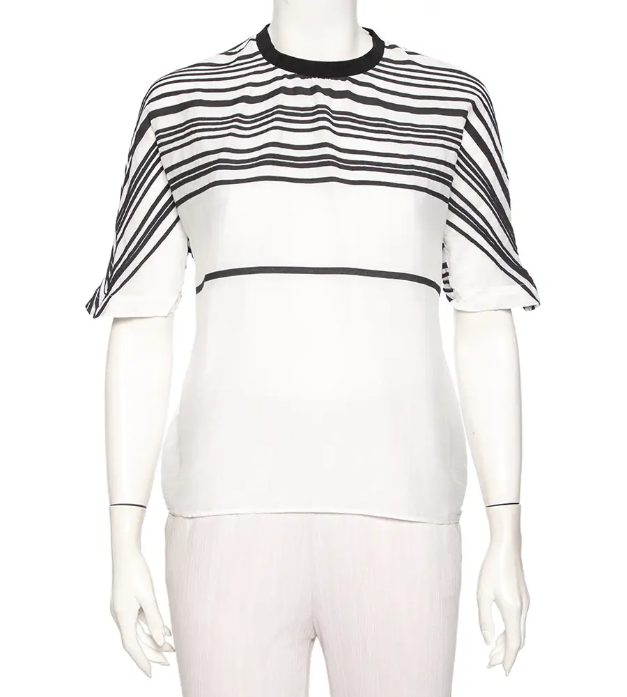 Emporio Armani White Cotton & Silk Striped Detail T-Shirt L