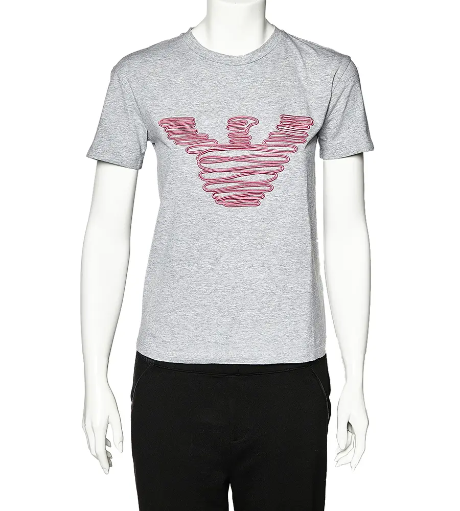 Emporio Armani Grey Cotton Logo Embroidered Crew Neck T-Shirt S