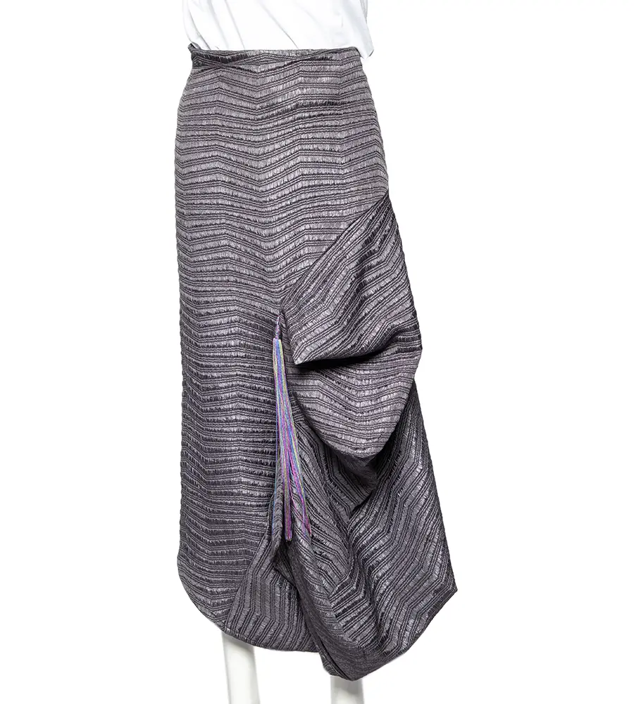 Emporio Armani Grey Textured Synthetic Tassel Trim Draped Midi Skirt M