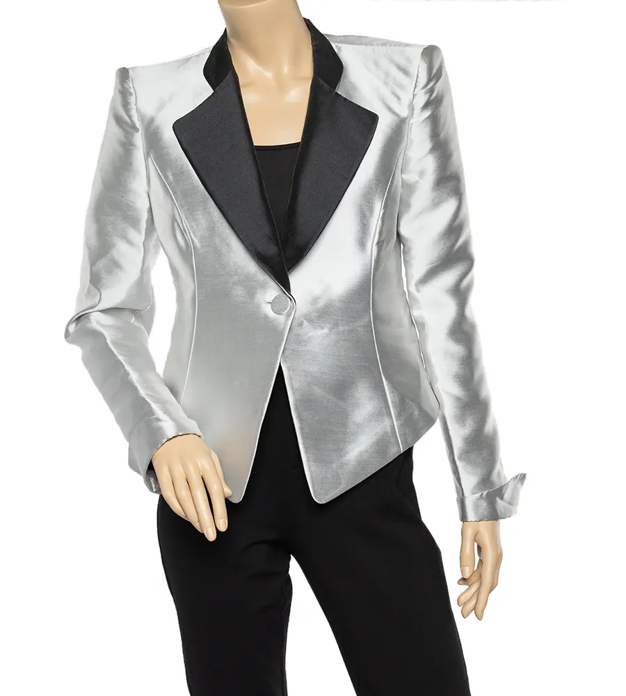 Emporio Armani Metallic Silver Synthetic Contrast Detail Cropped Blazer L