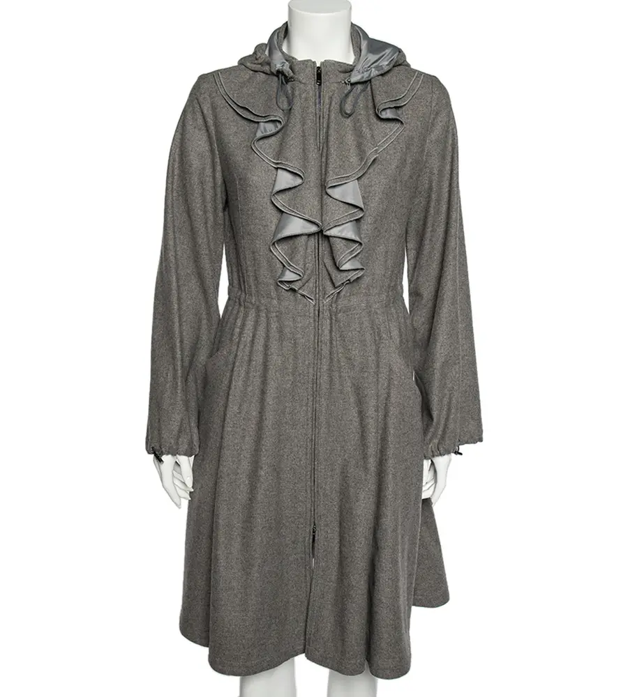 Emporio Armani Grey Wool And Cashmere Ruffled Neck Hooded Coat S