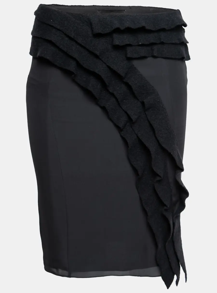 Emporio Armani Black Silk & Wool Ruffle Trimmed Skirt S