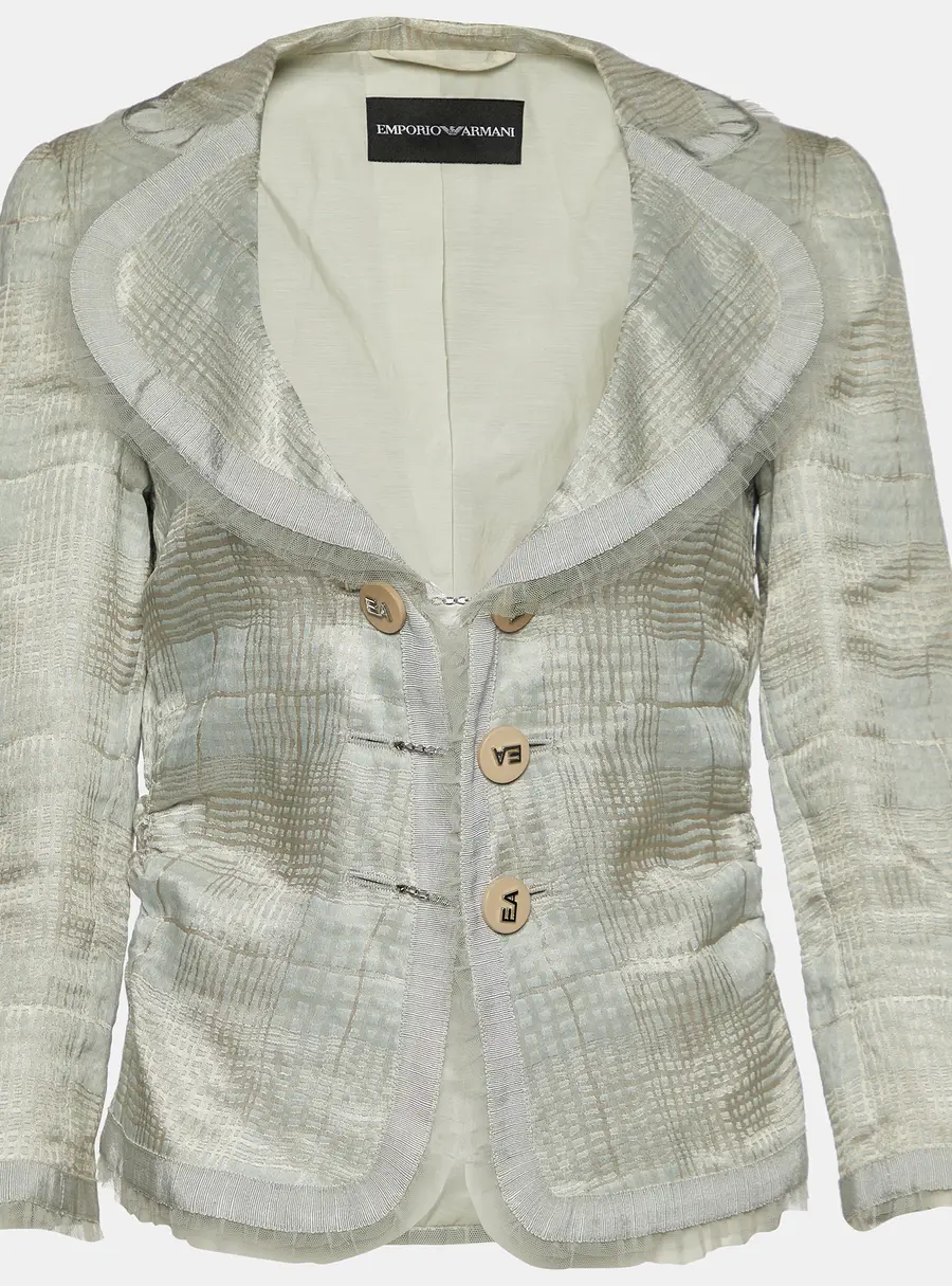 Emporio Armani Grey Checked Linen Blend Ruffle Detail Jacket M