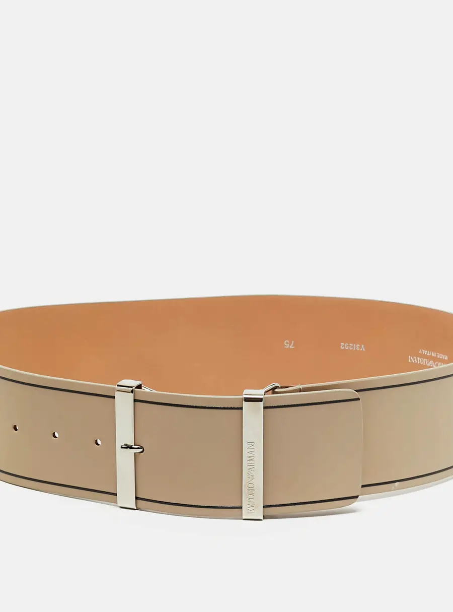 Emporio Armani Tongue Buckle 75CM Belt Beige Stripe Leather