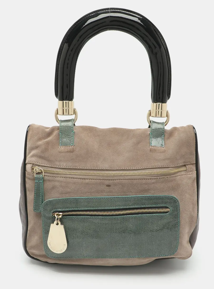 Emporio Armani Two Tone Taupe/Green Leather and Suede Top Handle Bag