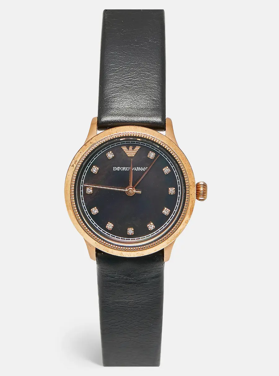 Emporio Armani Classic AR1802 Black Mother Of Pearl Dial Rose Gold Tone Stainless Steel Leather Women's Wristwatch 27 mm
