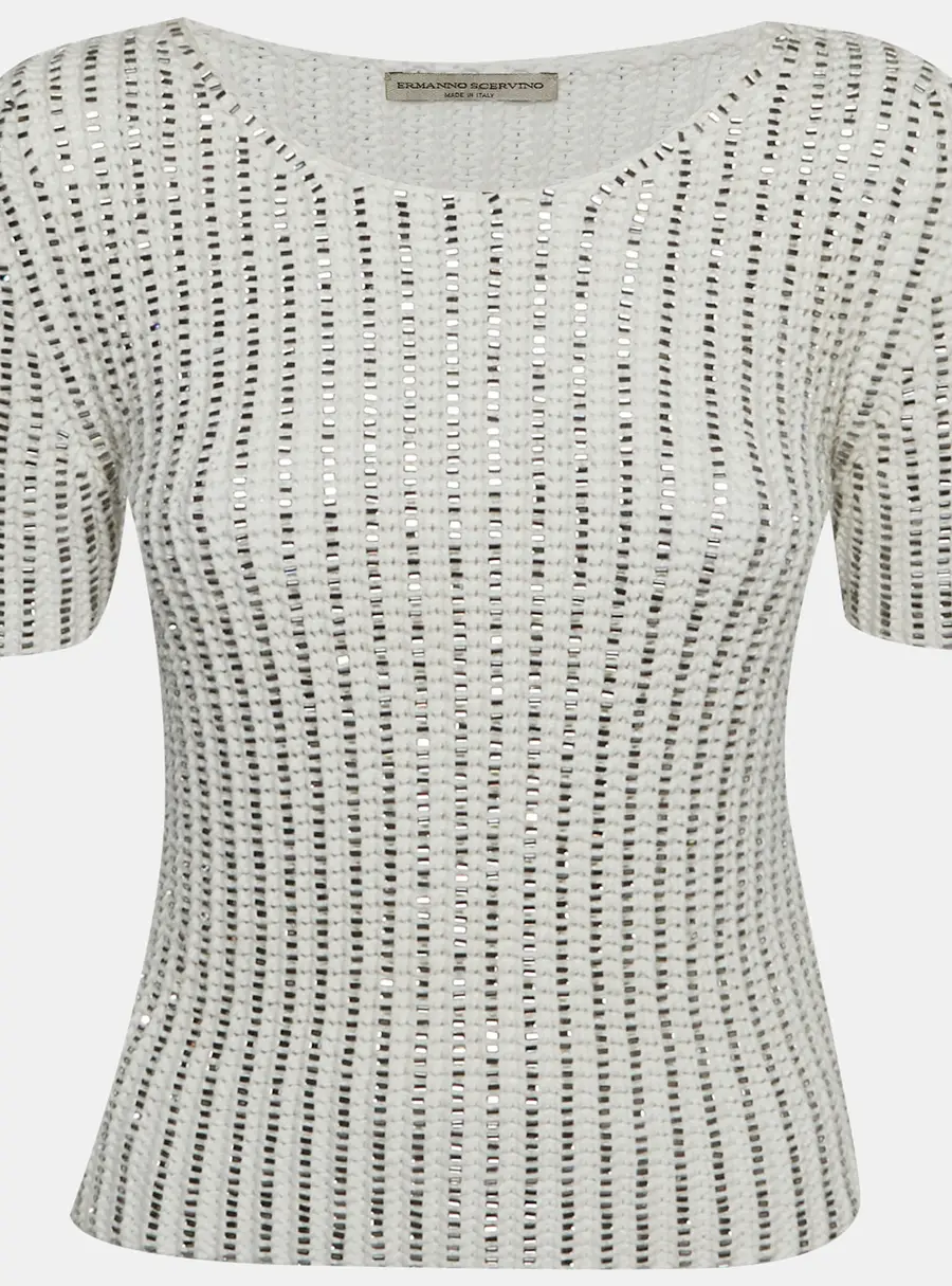 Ermanno Scervino White Embellished Cotton Crochet Knit T-Shirt S