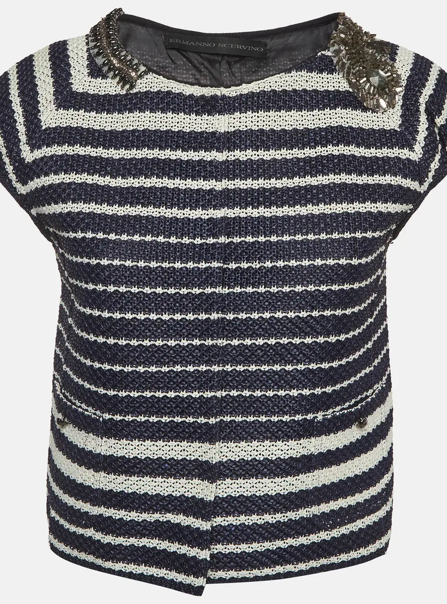 Ermanno Scervino Navy Blue/White Striped Crochet Blouse M