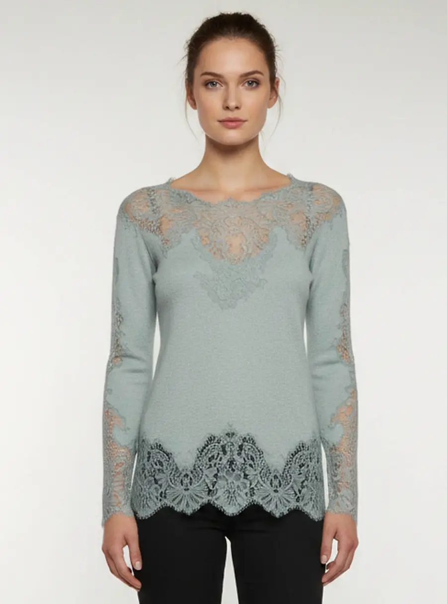 Ermanno Scervino Sage Green Lace Detail Wool Blend Long Sleeve Top S