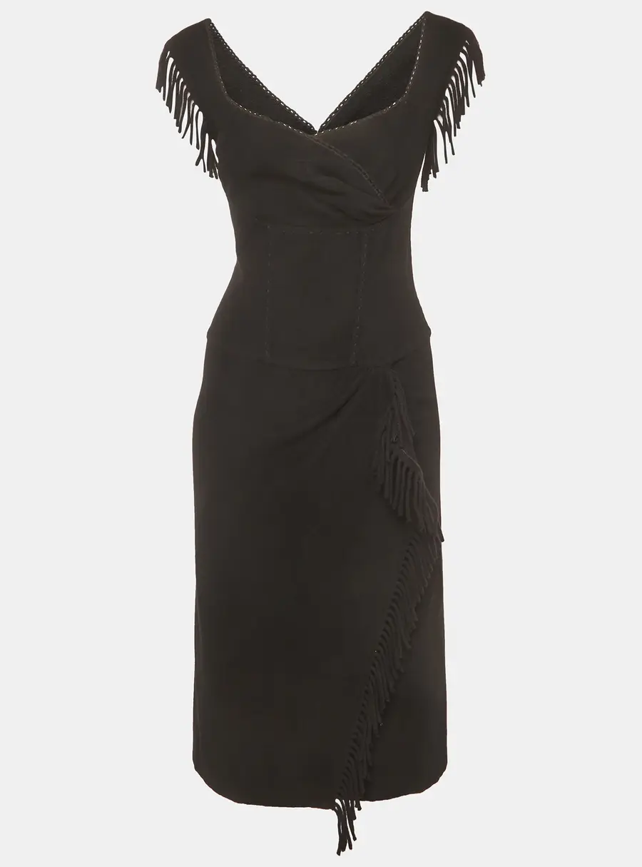 Ermanno Scervino Black Fringe Detail Cashmere Overlay Midi Dress S