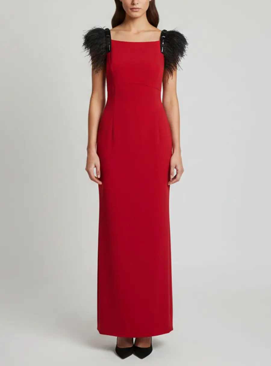 Escada Pink Bead Embellished Crepe Feather Trim Maxi Dress M