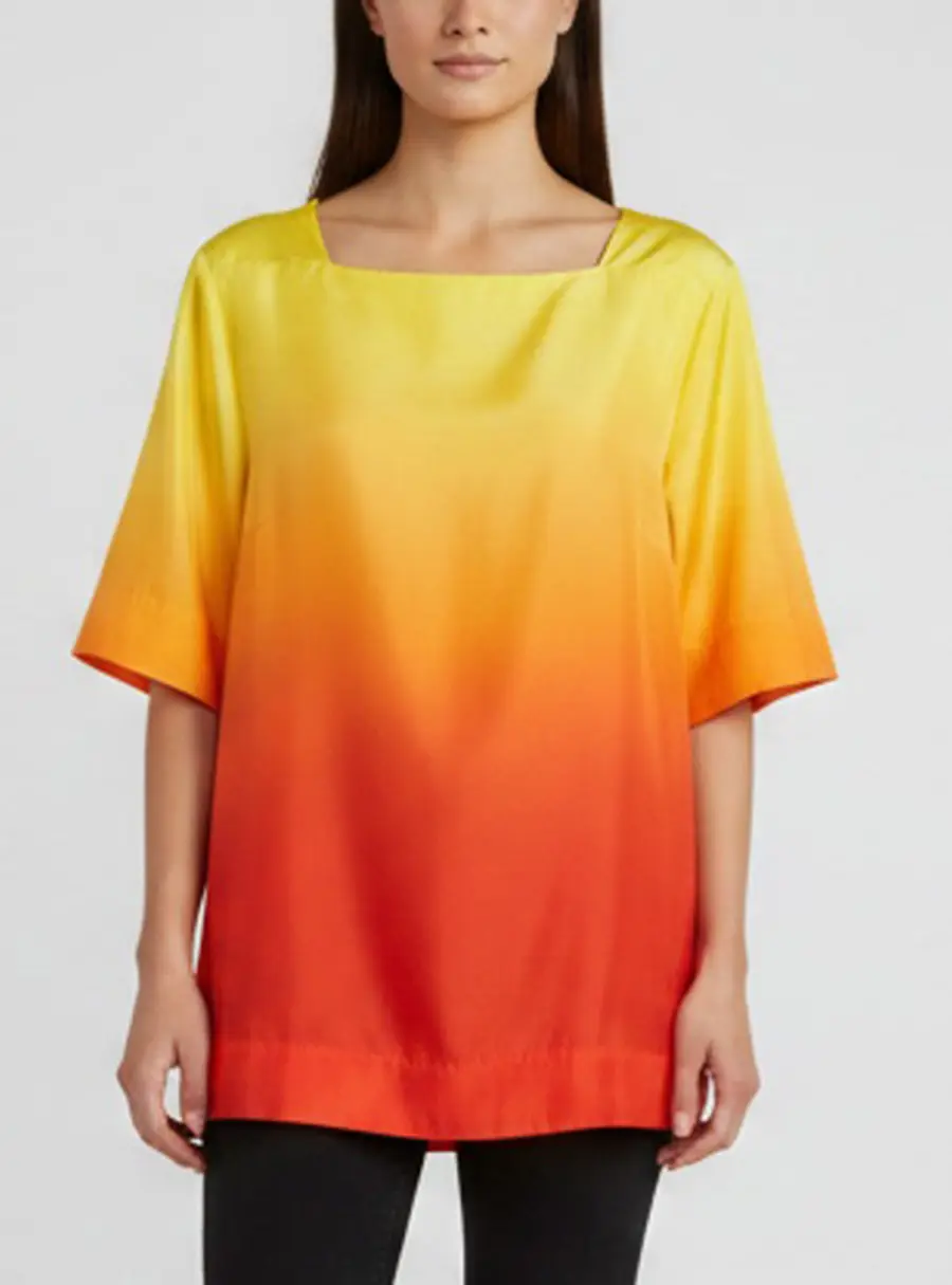 Escada Yellow/Orange Ombre Satin Short Sleeve Blouse L