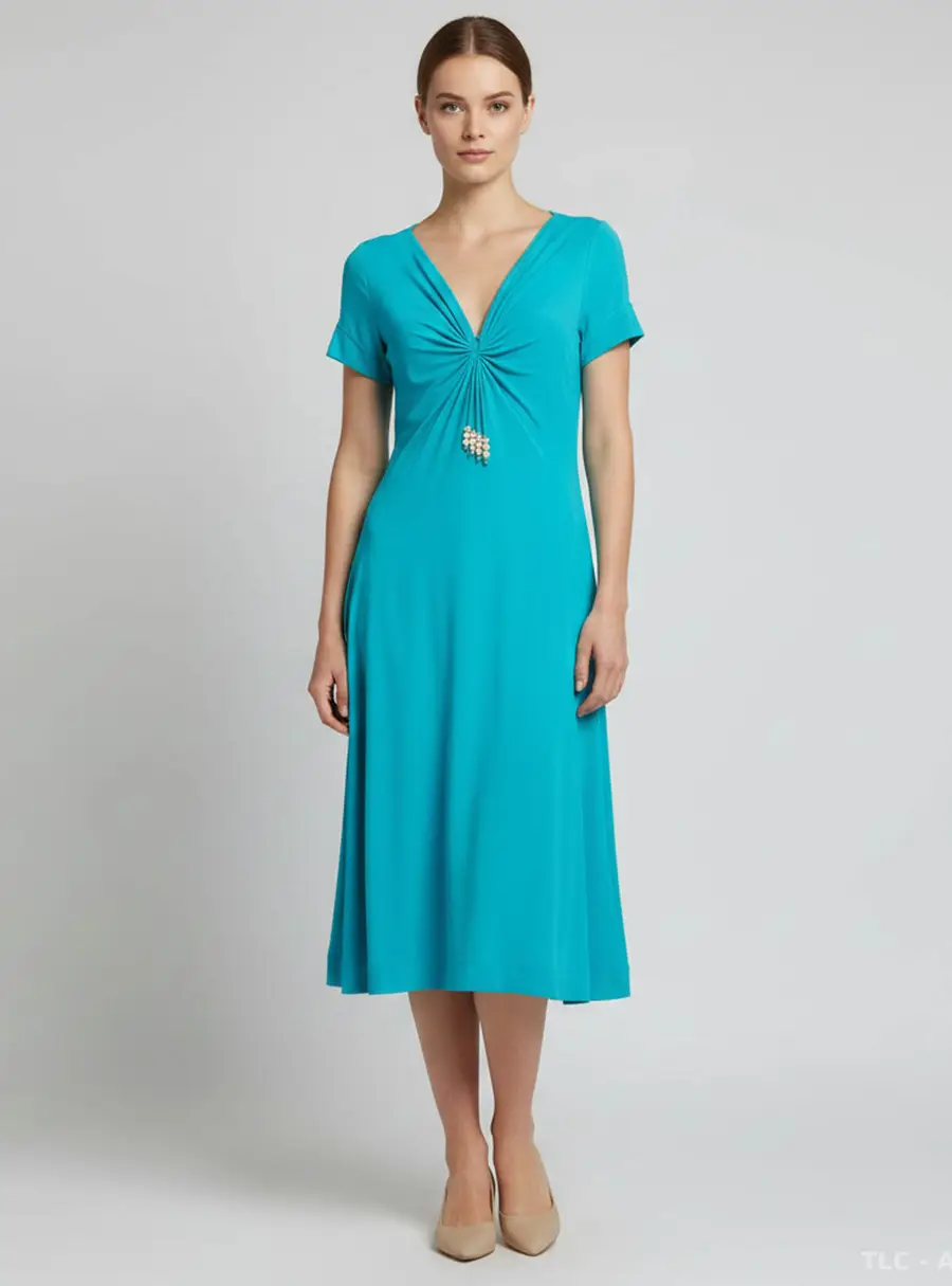 Escada Turquoise Knit Ruched Beaded Tassel Midi Dress M