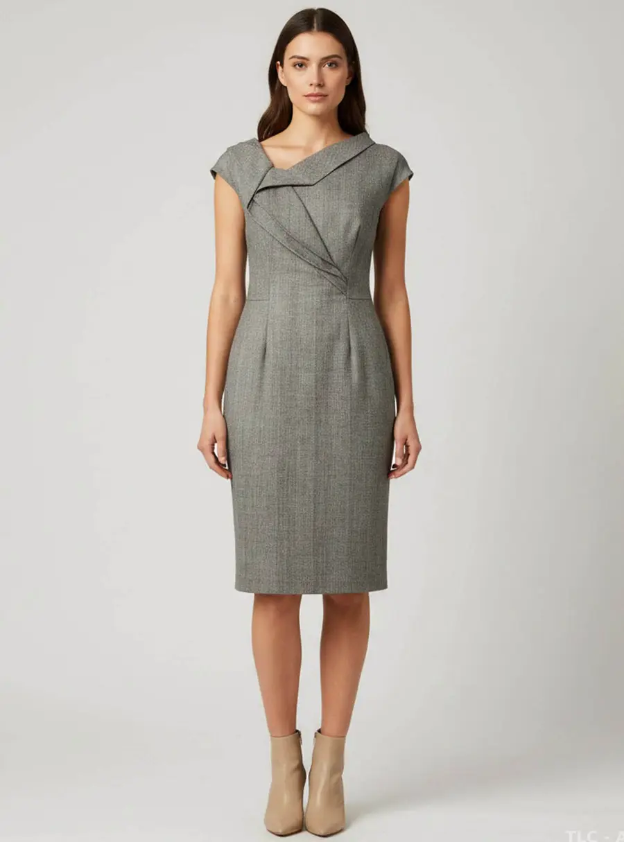 Escada Monochrome Check Pattern Wool Blend Draped Sheath Dress M