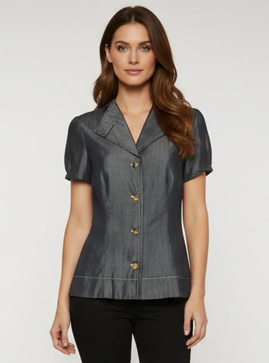 Escada Blue Chambray Short Sleeve Fitted Top M