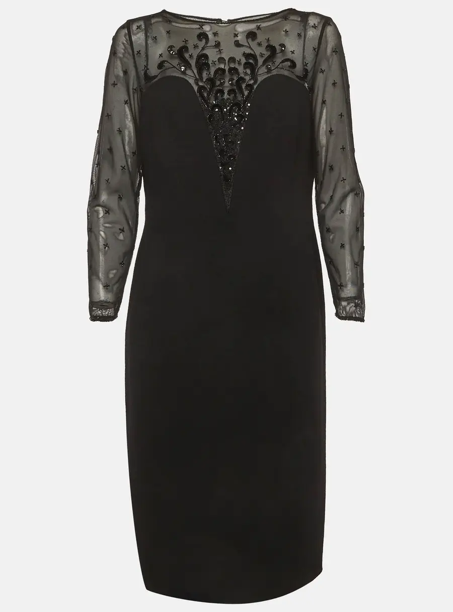 Escada Couture Black Bead Embellished Lace and Wool Crepe Dress L