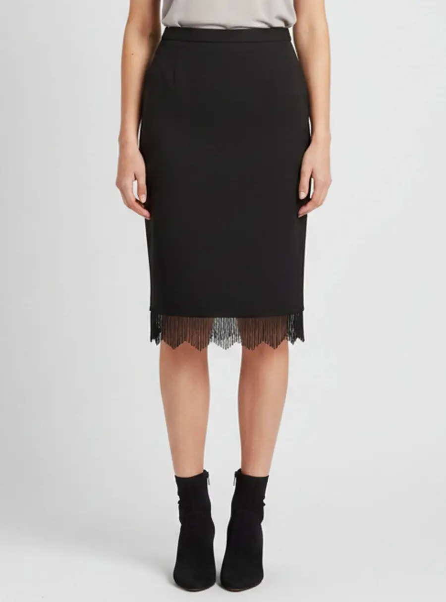 Escada Black Stretch Wool Beaded Fringed Skirt M